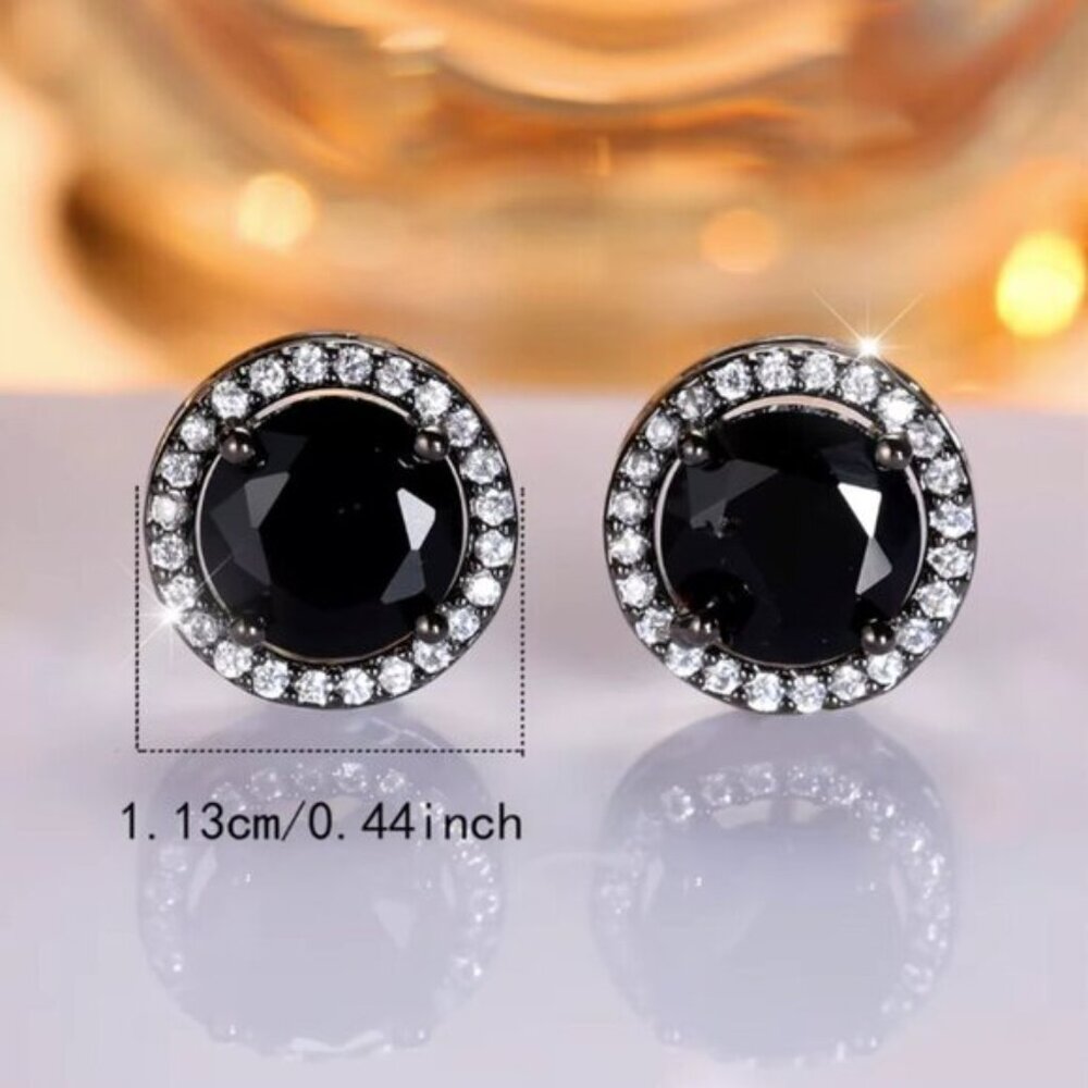 NEW 14k Black Gold Black Sapphire Diamond Stud Earrings Round Cut - Picture 4 of 6